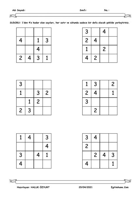 Sudoku kolay 4 lü